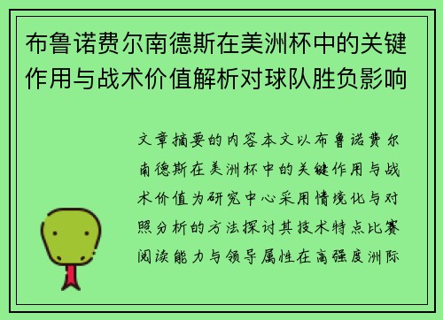 布鲁诺费尔南德斯在美洲杯中的关键作用与战术价值解析对球队胜负影响研究